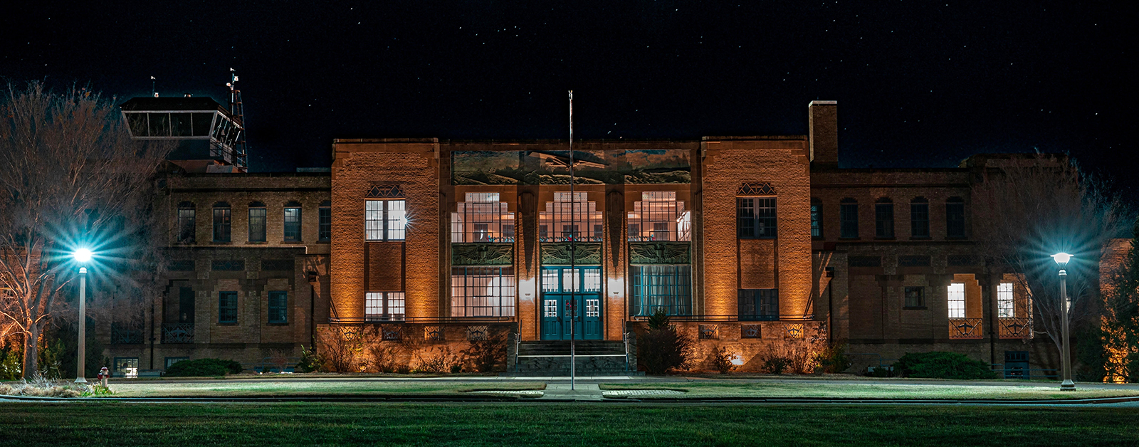 Kansas Aviation Museum exterior at night
